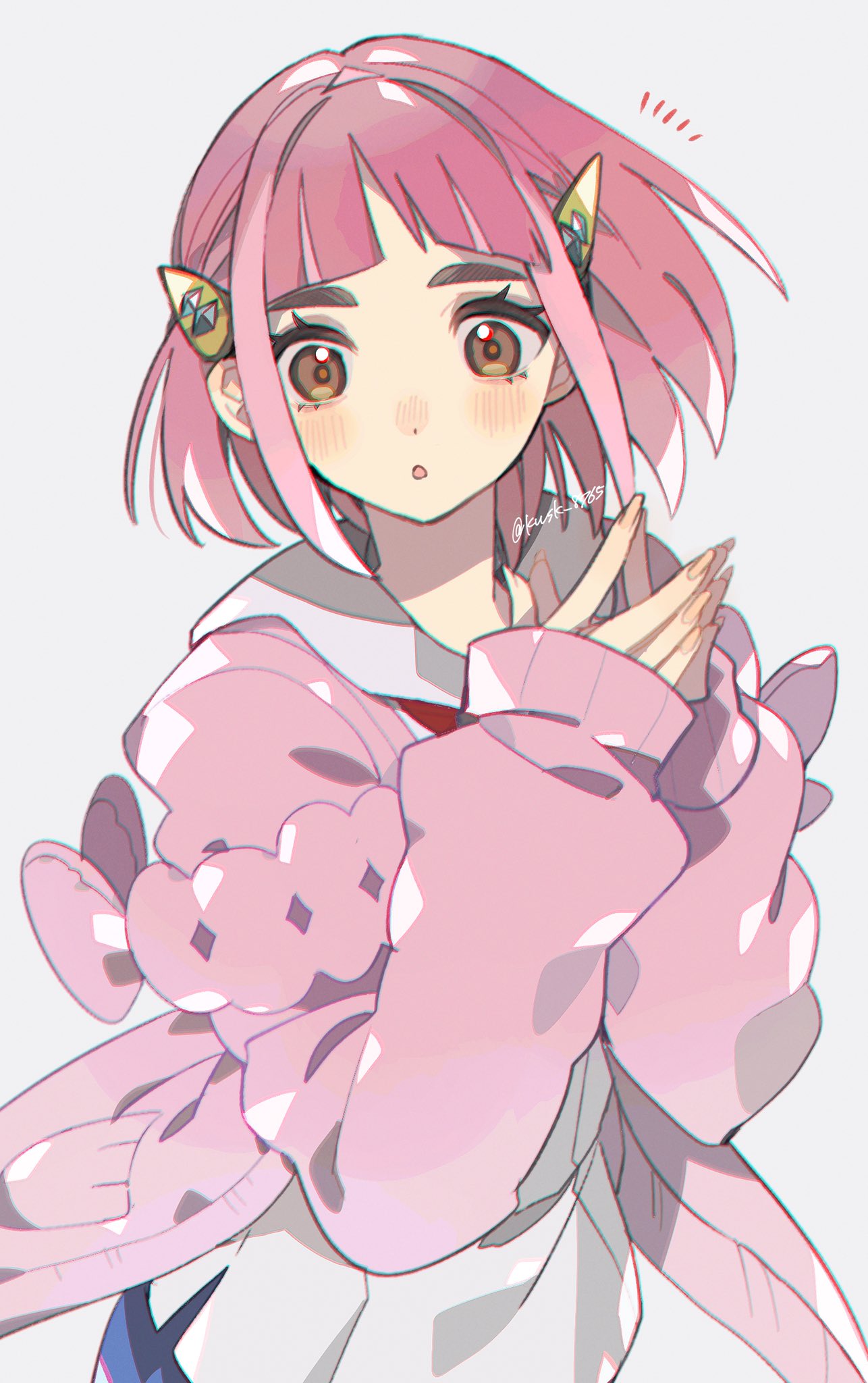 1girl, blush, cardigan, fingernails, grey_background, highres, kawasaki_(kwsk_8765), lacey_(pokemon)