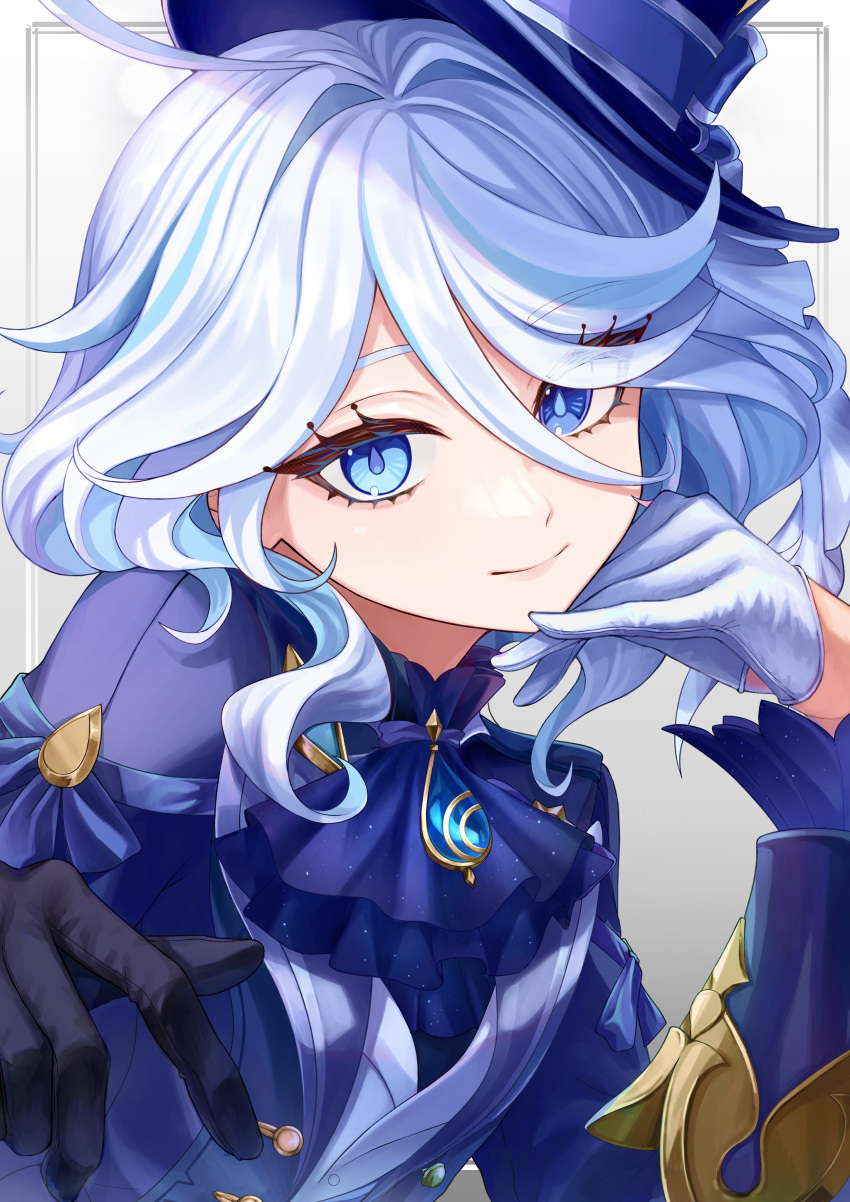 1girl, absurdres, ahoge, ascot, asymmetrical_gloves, black_gloves, blue_brooch, blue_eyes, blue_hair, blue_headwear, blue_jacket, closed_mouth, furina_(genshin_impact), genshin_impact, gloves, hair_between_eyes, half_gloves, hat, heterochromia, highres, jacket, kasegi_110, light_blue_hair, mismatched_gloves, multicolored_hair, short_hair, sidelocks, smile, solo, streaked_hair, top_hat, two-tone_hair, white_gloves