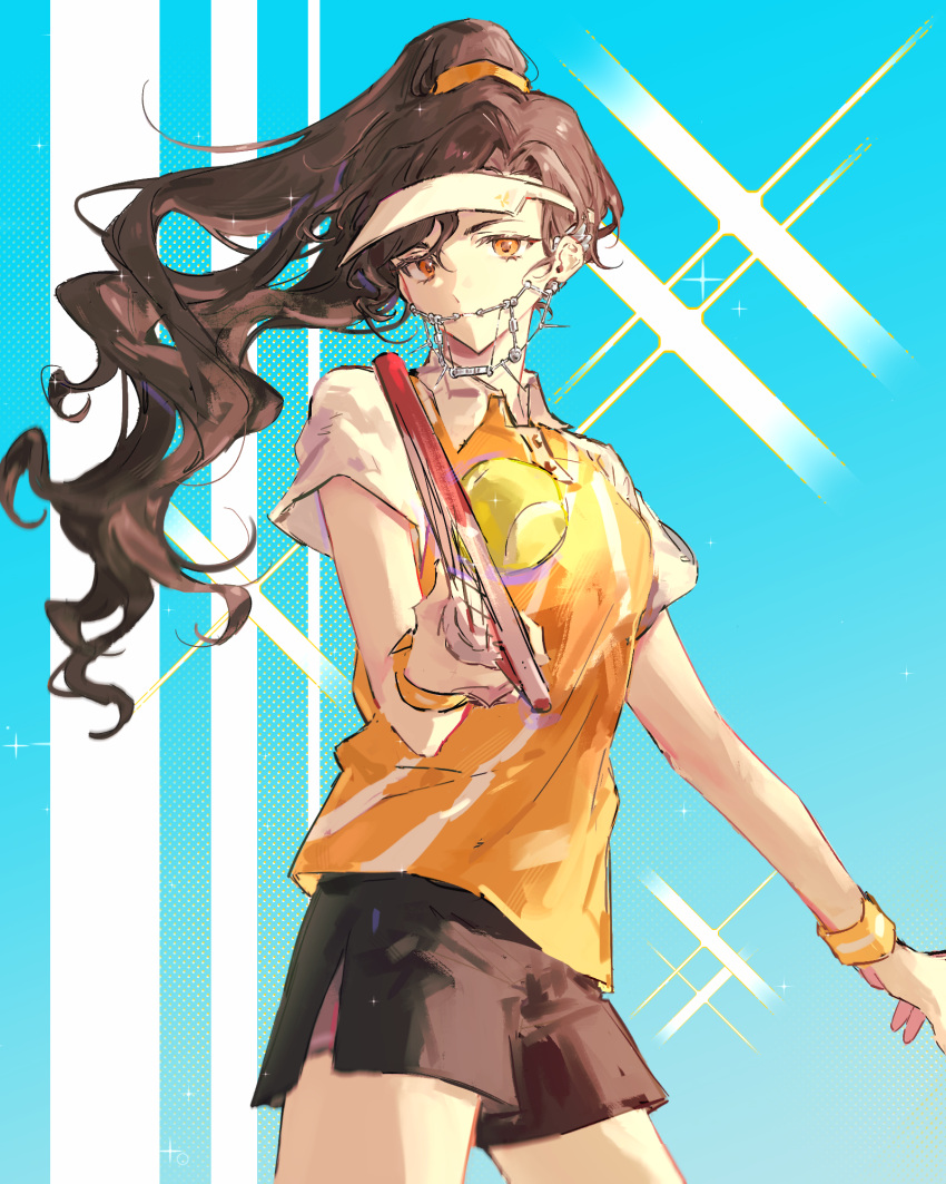1girl, ball, black_shorts, blue_background, braces, brown_hair, closed_mouth, collared_shirt, cowboy_shot, dolphin_shorts, highres, holding_tennis_racket, long_hair, official_alternate_costume, orange_eyes, orange_shirt, ponytail, racket, rang_wo_zai_shui_10_fenzhong, reverse:1999, shirt, short_sleeves, shorts, solo, sparkle, tennis_ball, tennis_racket, tooth_fairy_(ace_through_the_bagel)_(reverse:1999), tooth_fairy_(reverse:1999), visor_cap, white_headwear