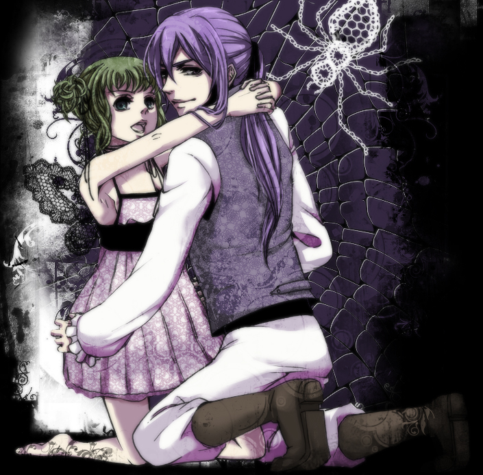 blue_eyes, boots, dress, green_eyes, green_hair, gumi, kamui_gakupo, looking_back