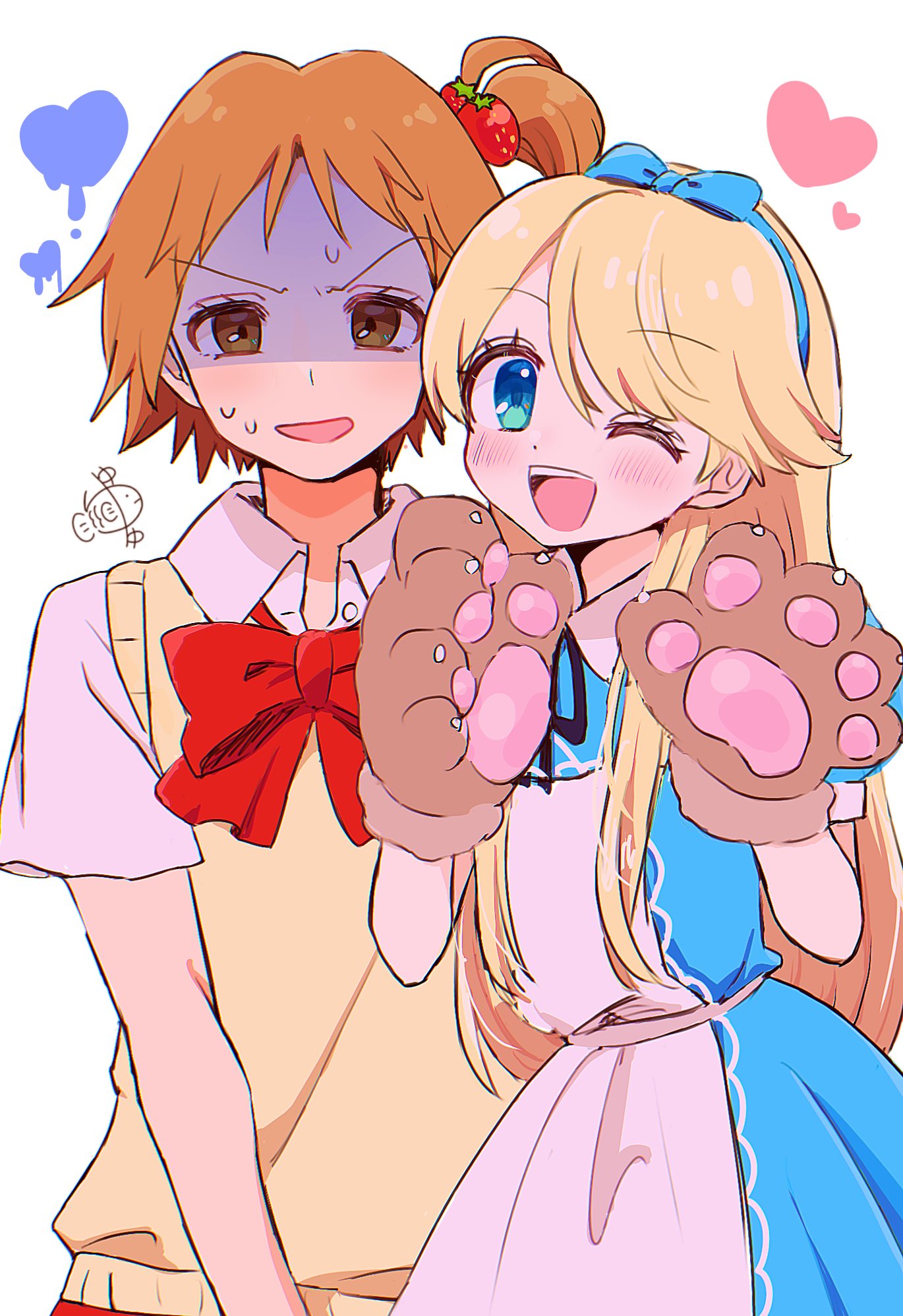 2boys, animal_hands, blonde_hair, blue_eyes, bow, bowtie, brown_hair, collared_shirt, crossdressing, dress, food-themed_hair_ornament, gloves, hair_ornament, hairband, hanamura_yousuke, heart, highres, kuma_(persona_4), looking_at_viewer, multiple_boys, one_eye_closed, one_side_up, open_mouth, otoko_no_ko, paw_gloves, persona, persona_4, shaded_face, shirt, short_sleeves, signature, simple_background, strawberry_hair_ornament, sweat, sweater_vest, w6wa4, white_background, yellow_sweater_vest