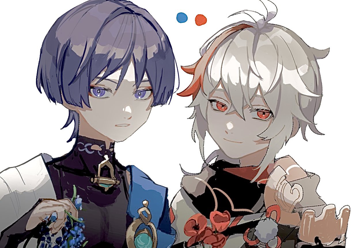 2boys, armor, blue_flower, closed_mouth, crossed_bangs, flower, genshin_impact, hair_between_eyes