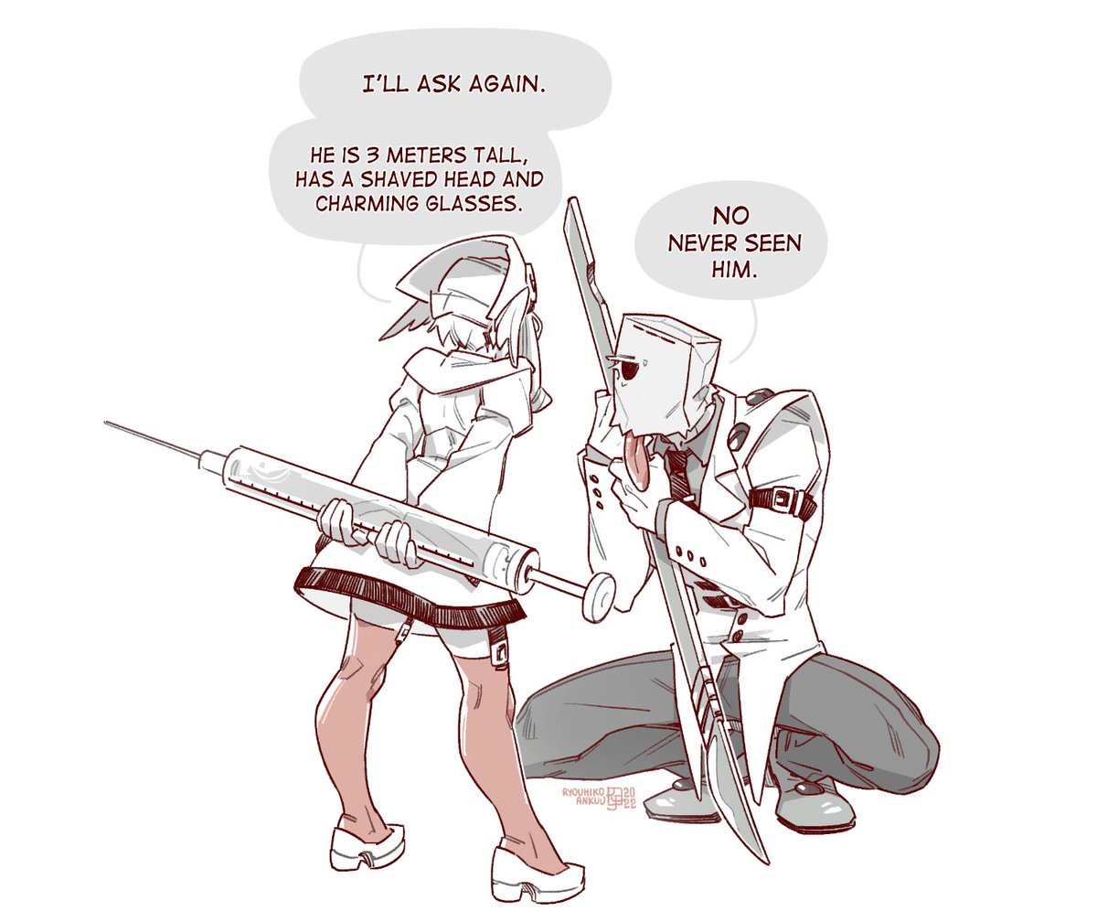 1boy, 1girl, bag, curly_hair, fanny_(guilty_gear), faust_(guilty_gear), guilty_gear, guilty_gear_petit