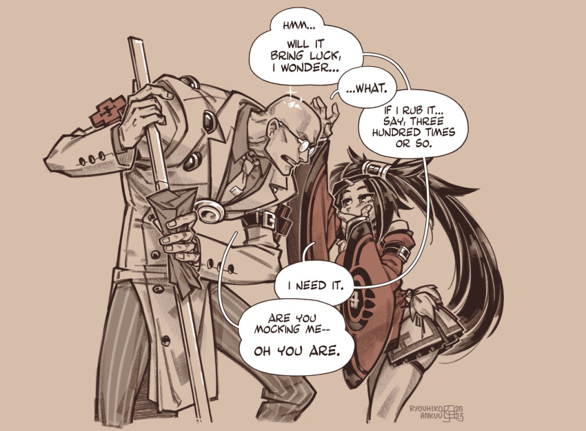 1boy, 1girl, bald, bare_shoulders, brown_hair, china_dress, chinese_clothes, detached_sleeves