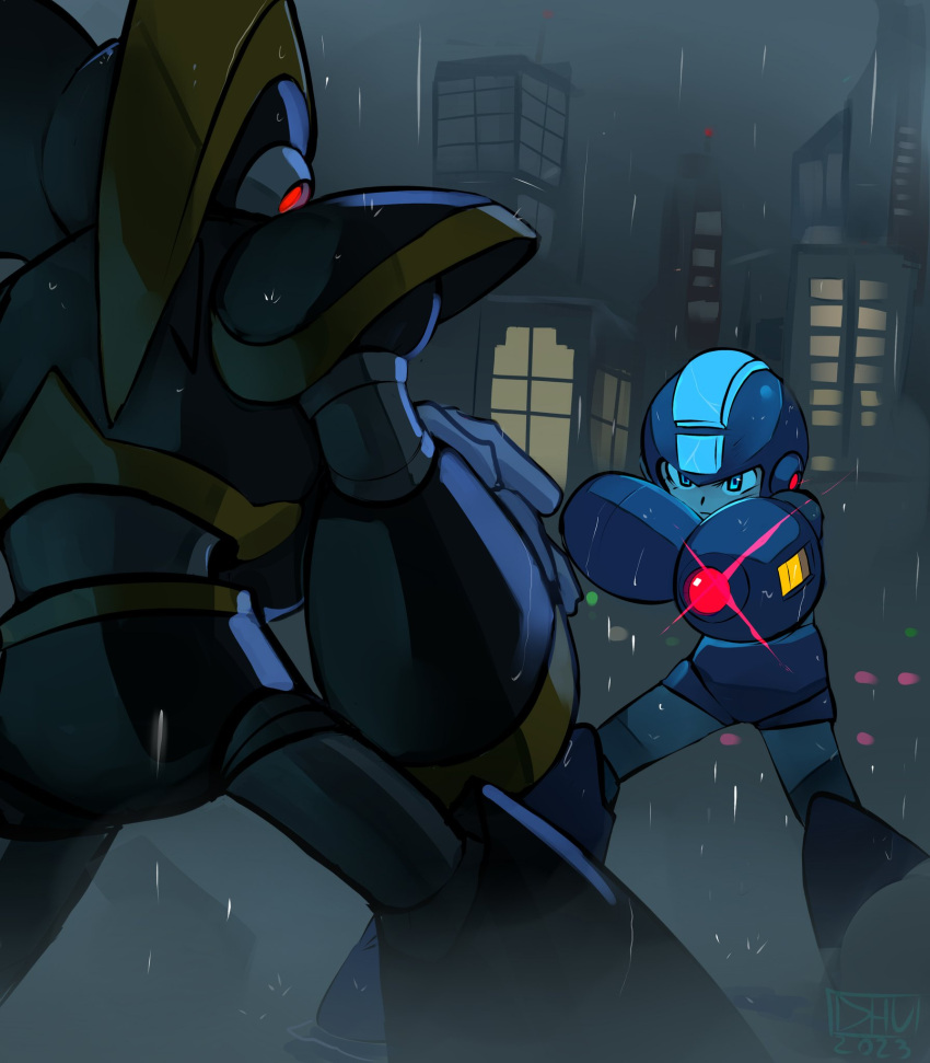 2boys, arm_cannon, bass_(mega_man), blue_eyes, cityscape, commentary, danyhu16, english_commentary, helmet, highres, male_focus, mega_man_(character), mega_man_(classic), mega_man_(series), multiple_boys, night, outdoors, rain, robot, weapon
