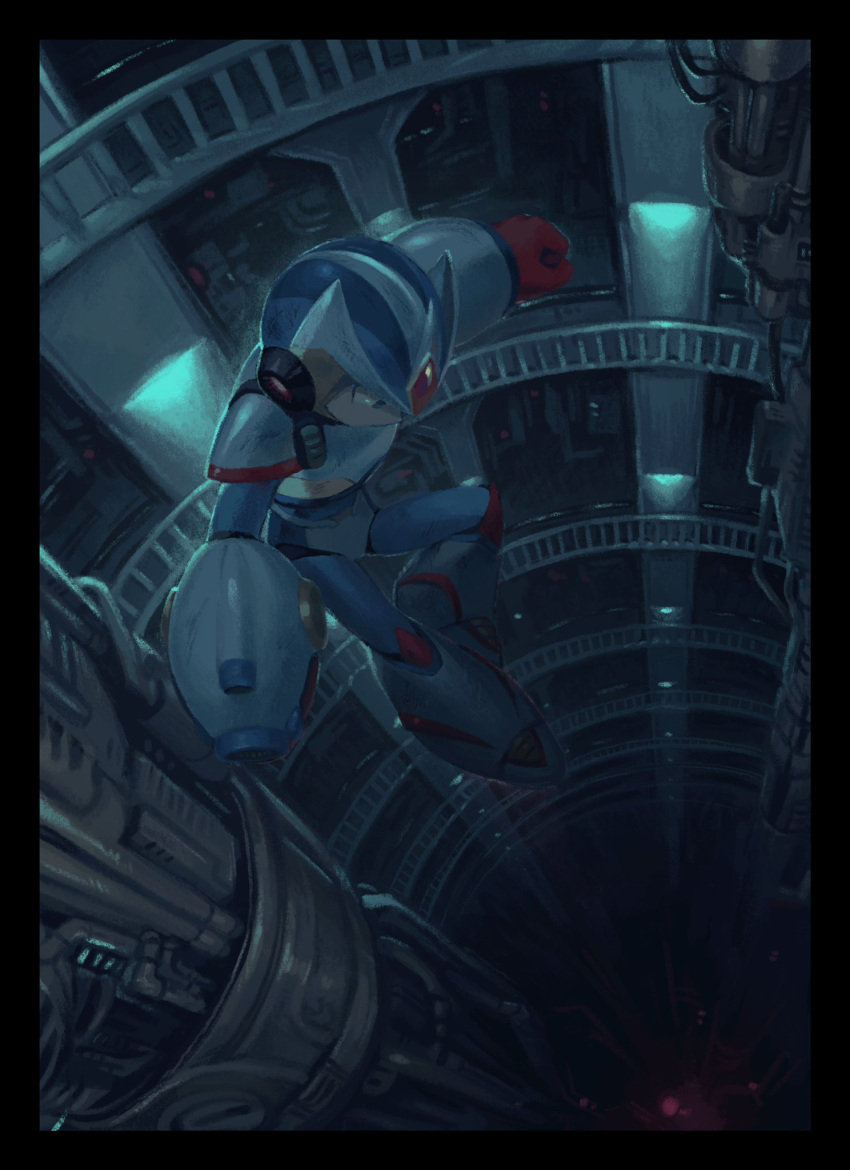 1boy, arm_cannon, helmet, highres, in-universe_location, klenschheim, male_focus, mega_man_(series)
