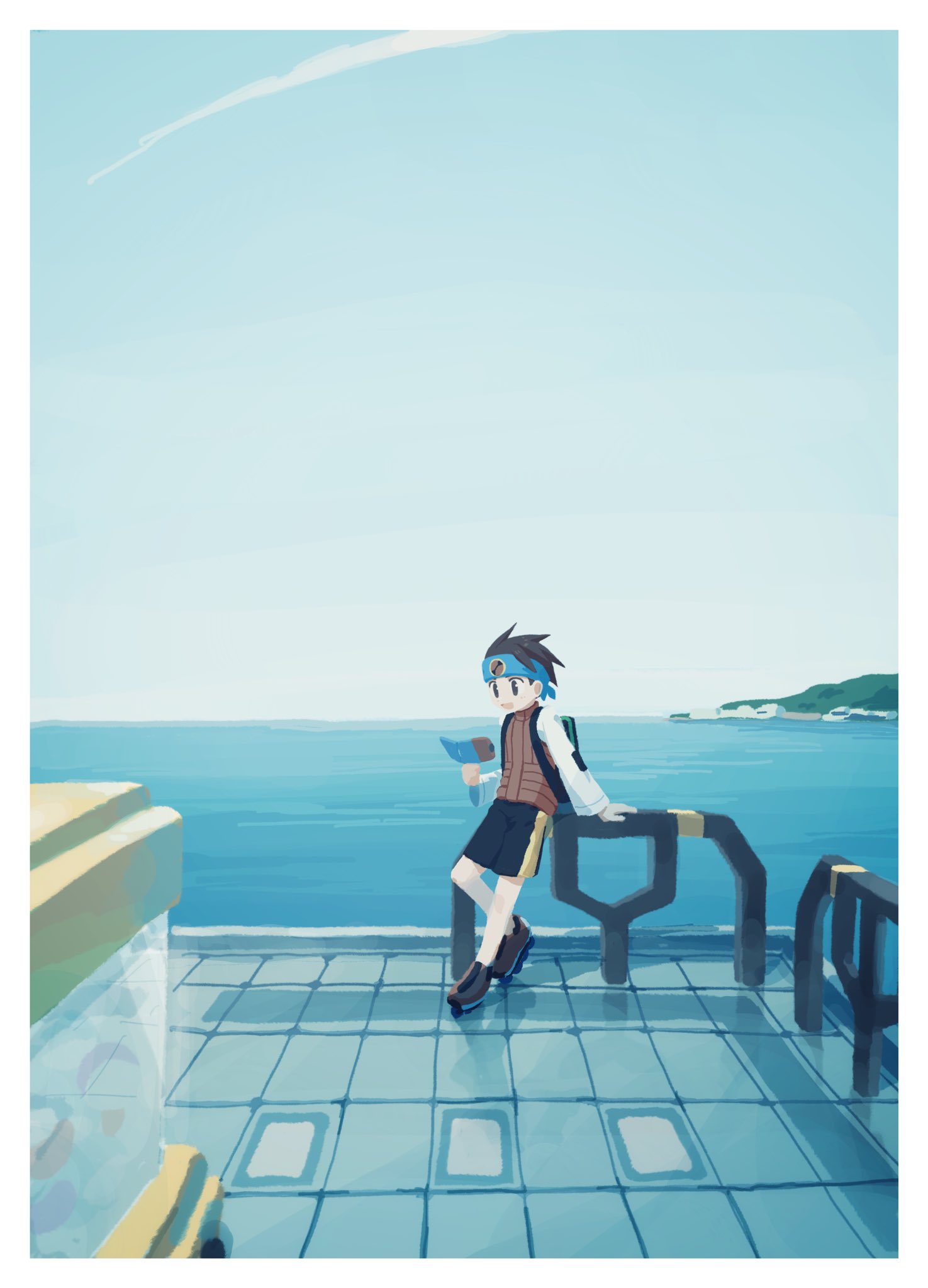 1boy, backpack, bag, bandana, brown_eyes, brown_hair, commentary_request, highres