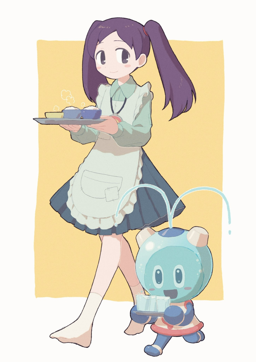 1boy, 1girl, apron, aquaman.exe, commentary_request, cup, highres, klenschheim, long_hair, mega_man_(series), mega_man_battle_network_(series), mega_man_battle_network_4, purple_hair, rice, shuko_kido_(mega_man), smile, twintails, violet_eyes