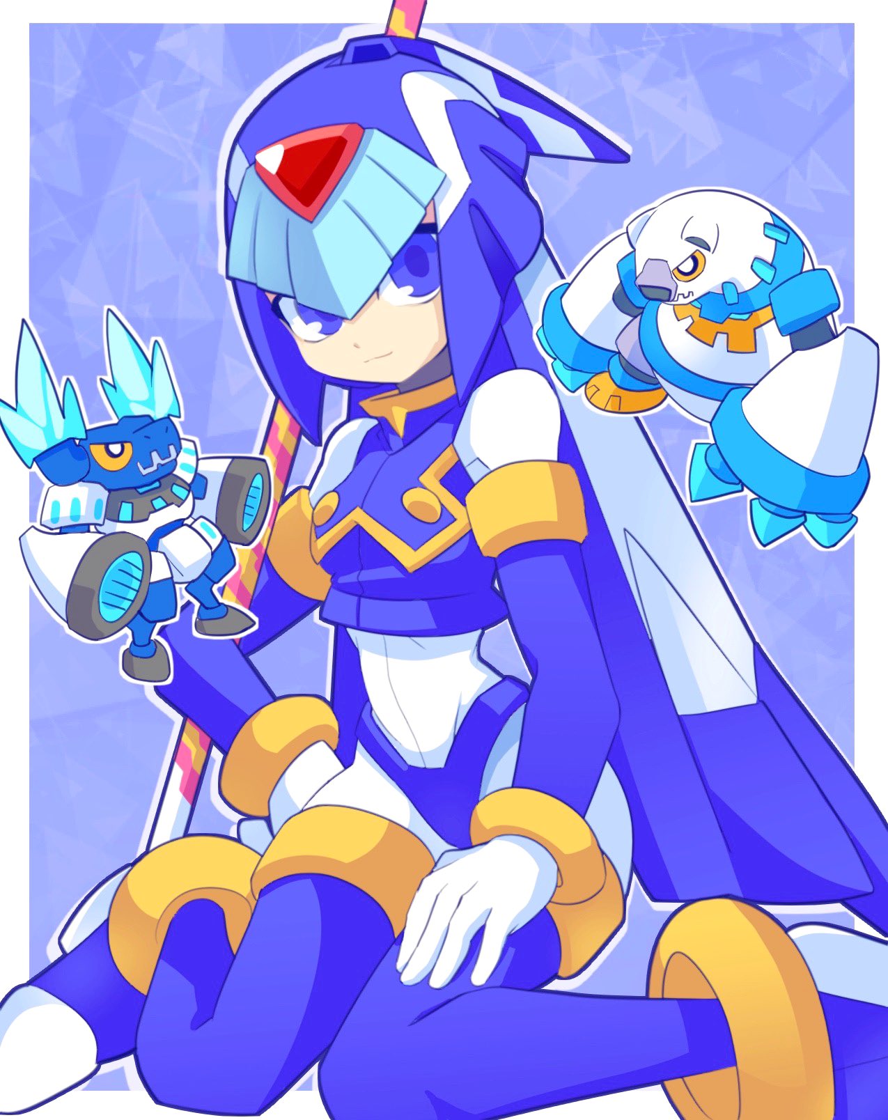 1boy, 2girls, blizzack_staggroff, blue_eyes, colored_sclera, crop_top, helmet, highres, looking_at_viewer, mega_man_(series), mega_man_zero_(series), mega_man_zero_2, mini_person, miniboy, minigirl, multiple_girls, omeehayo, polearm, poler_kamrous, sitting, smile, weapon, yellow_sclera