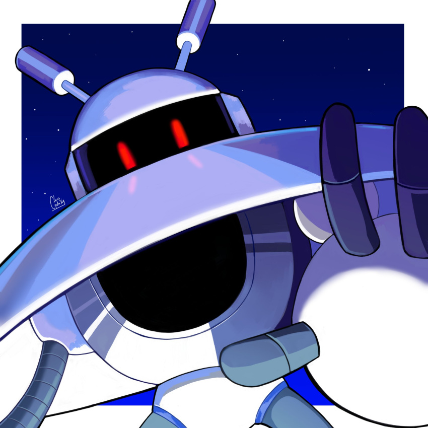 1boy, galaxy_man, highres, lessgalaxy, looking_at_viewer, male_focus, mega_man_(classic), mega_man_(series), mega_man_9, night, no_mouth, red_eyes, robot, solo, star_(sky)