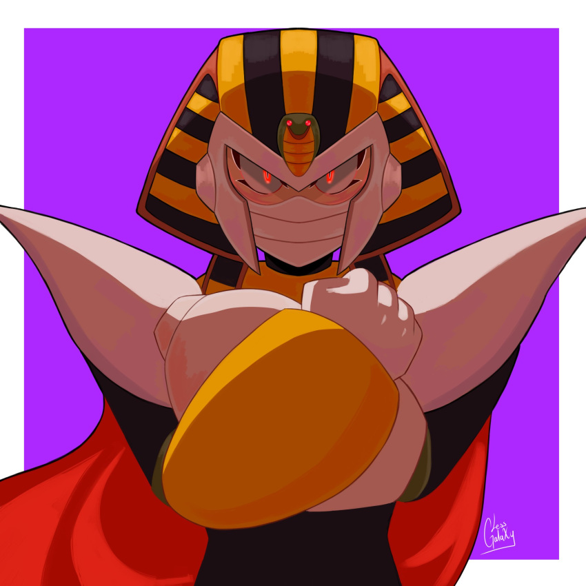 1boy, cape, clenched_hands, covered_mouth, crossed_arms, helmet, highres, lessgalaxy