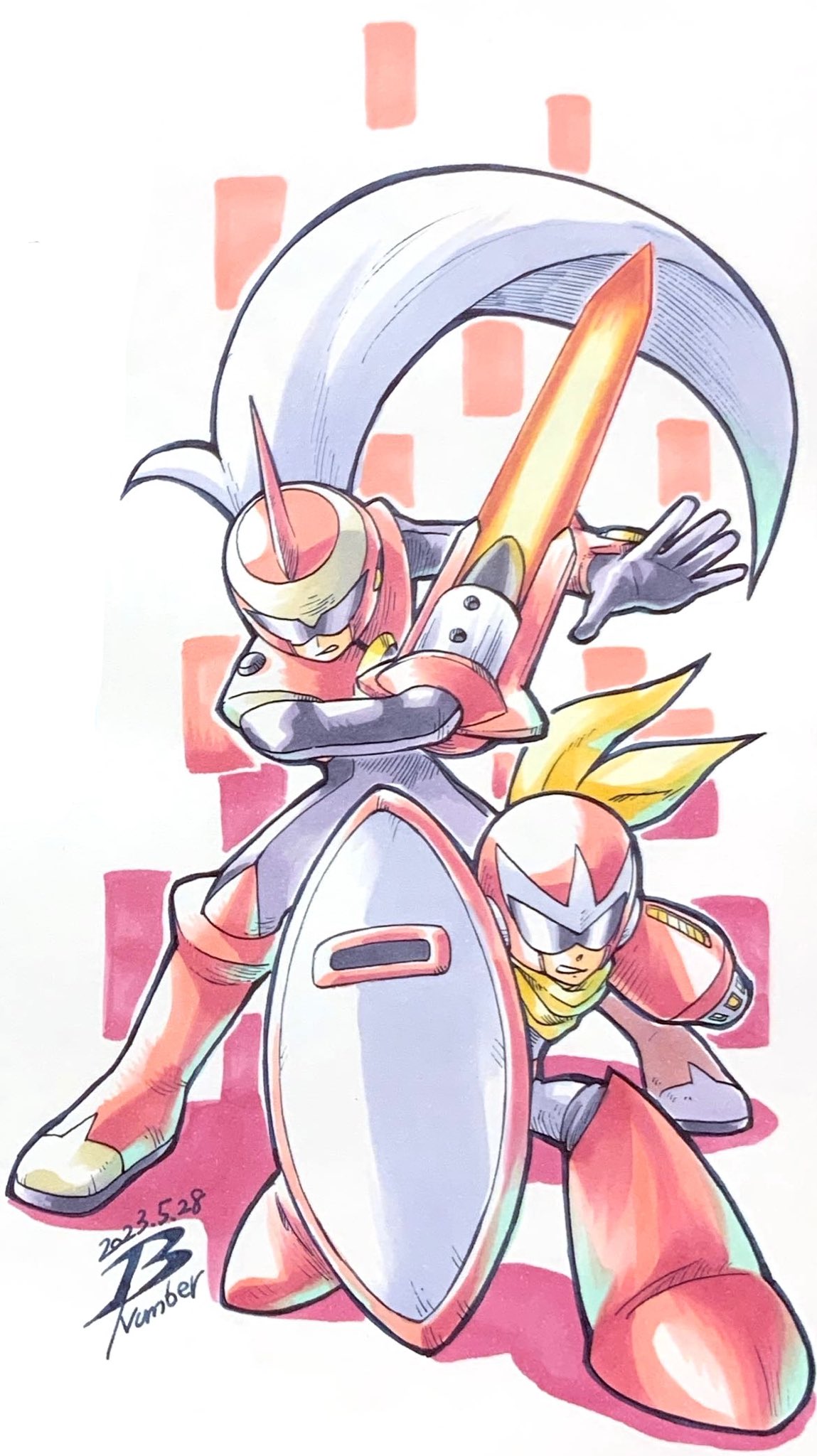 2boys, arm_cannon, artist_name, clenched_teeth, height_difference, helmet, highres, in-franchise_crossover, male_focus, mega_man_(classic), mega_man_(series), mega_man_battle_network_(series), multiple_boys, pn13ban, proto_man, protoman.exe, robot, scarf, shield, sunglasses, sword, teeth, weapon, yellow_scarf