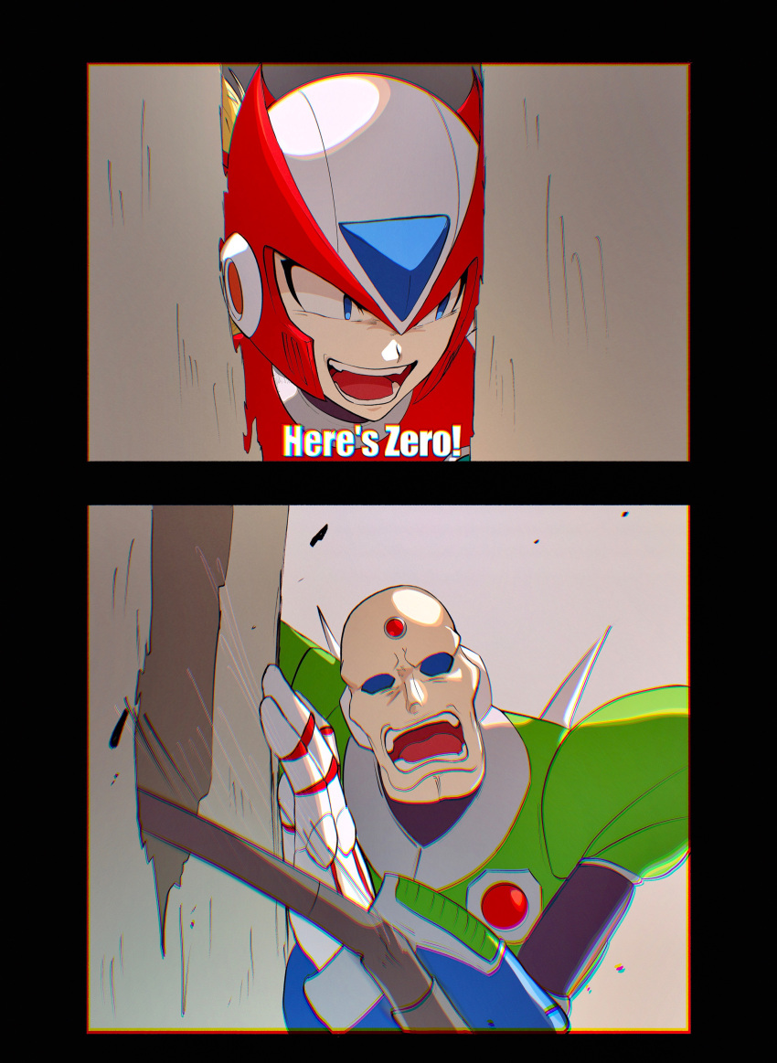 2boys, absurdres, android, bald, blonde_hair, blue_eyes, blue_sclera, colored_sclera