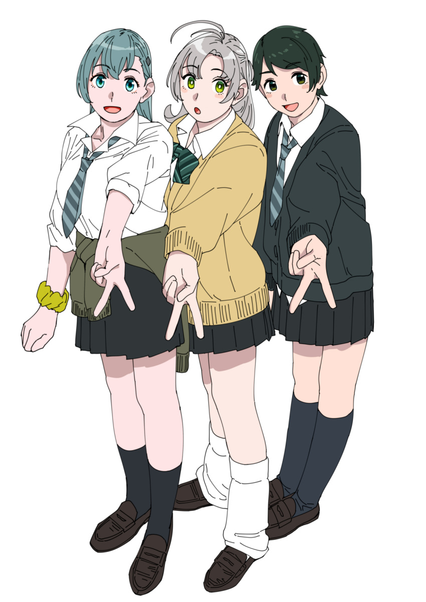 3girls, alternate_costume, antenna_hair, aqua_hair, black_cardigan, black_eyes, black_hair, black_socks, bow, bowtie, brown_cardigan, brown_footwear, cardigan, clothes_around_waist, full_body, gradient_hair, green_eyes, highres, jacket, jacket_around_waist, kantai_collection, kinugasa_(kancolle), kinugasa_kai_ni_(kancolle), loafers, long_hair, loose_socks, medium_hair, mini_person, minigirl, mogami_(kancolle), multicolored_hair, multiple_girls, necktie, ojipon, pleated_skirt, school_uniform, shoes, short_hair, simple_background, skirt, socks, striped, striped_bow, striped_bowtie, striped_necktie, suzuya_(kancolle), white_background, white_socks
