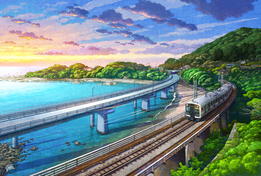 bridge, clouds, commentary_request, east_japan_railway_company, kamogawa_(chiba), lamppost, mountain, mugumo_24k