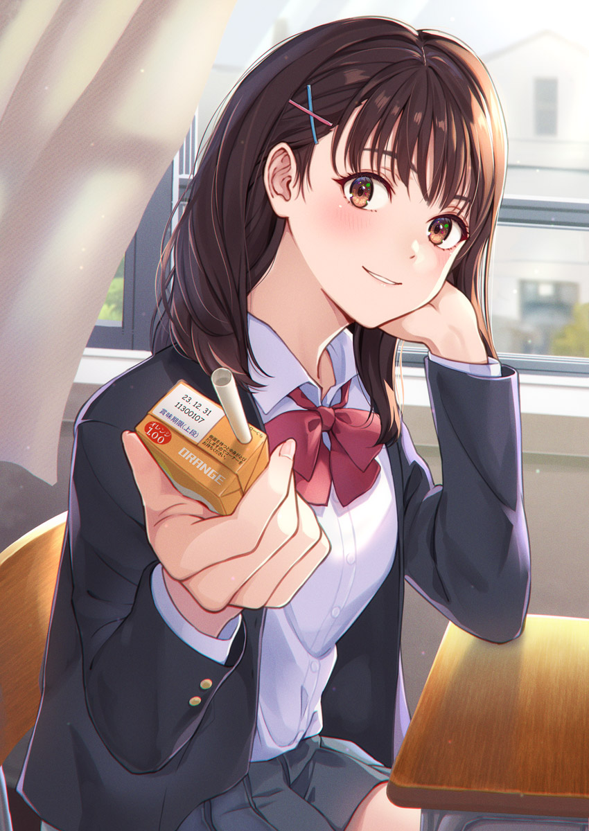 1girl, black_jacket, blazer, bow, bowtie, brown_eyes, brown_hair, chair