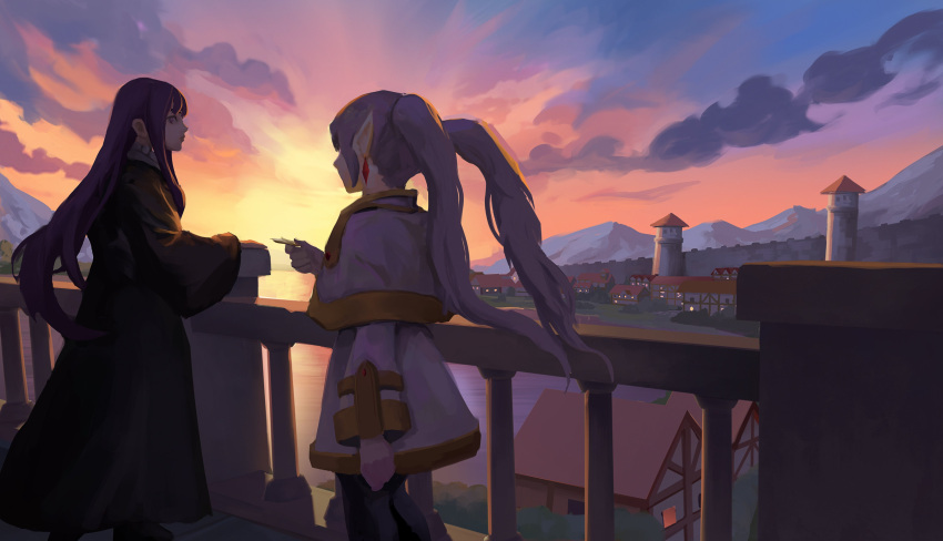 2girls, absurdres, black_robe, blue_sky, building, bush, capelet, clouds