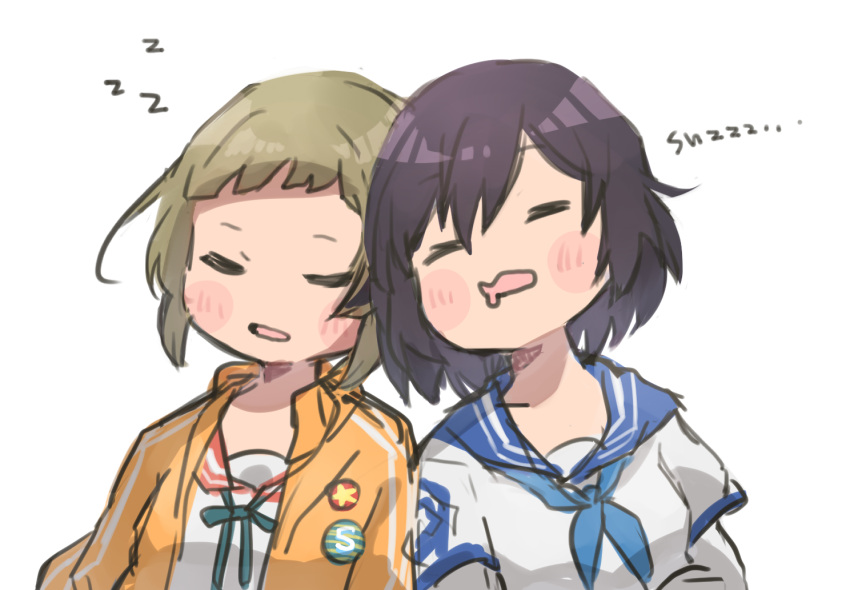 2girls, arms_at_sides, badge, black_hair, blue_sailor_collar, blunt_bangs, blush, brown_hair