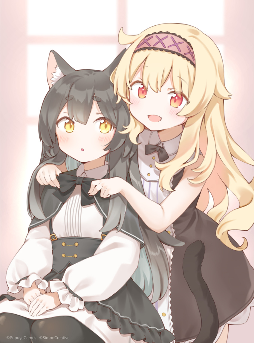 2girls, :d, adjusting_another's_clothes, animal_ear_fluff, animal_ears, bare_arms, black_bow, black_bowtie