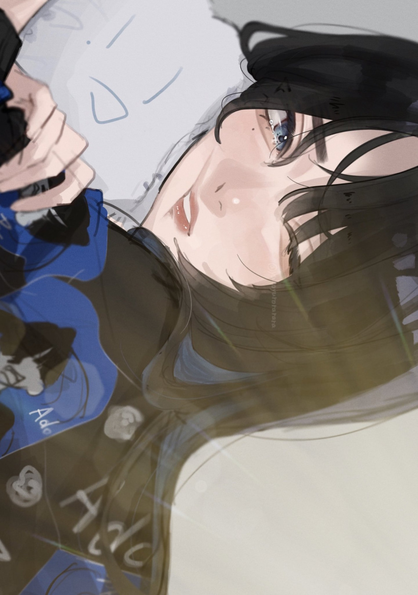 1girl, ado_(utaite), black_hair, blue_eyes, chando_(ado), character_name, cloud_nine_inc, commentary