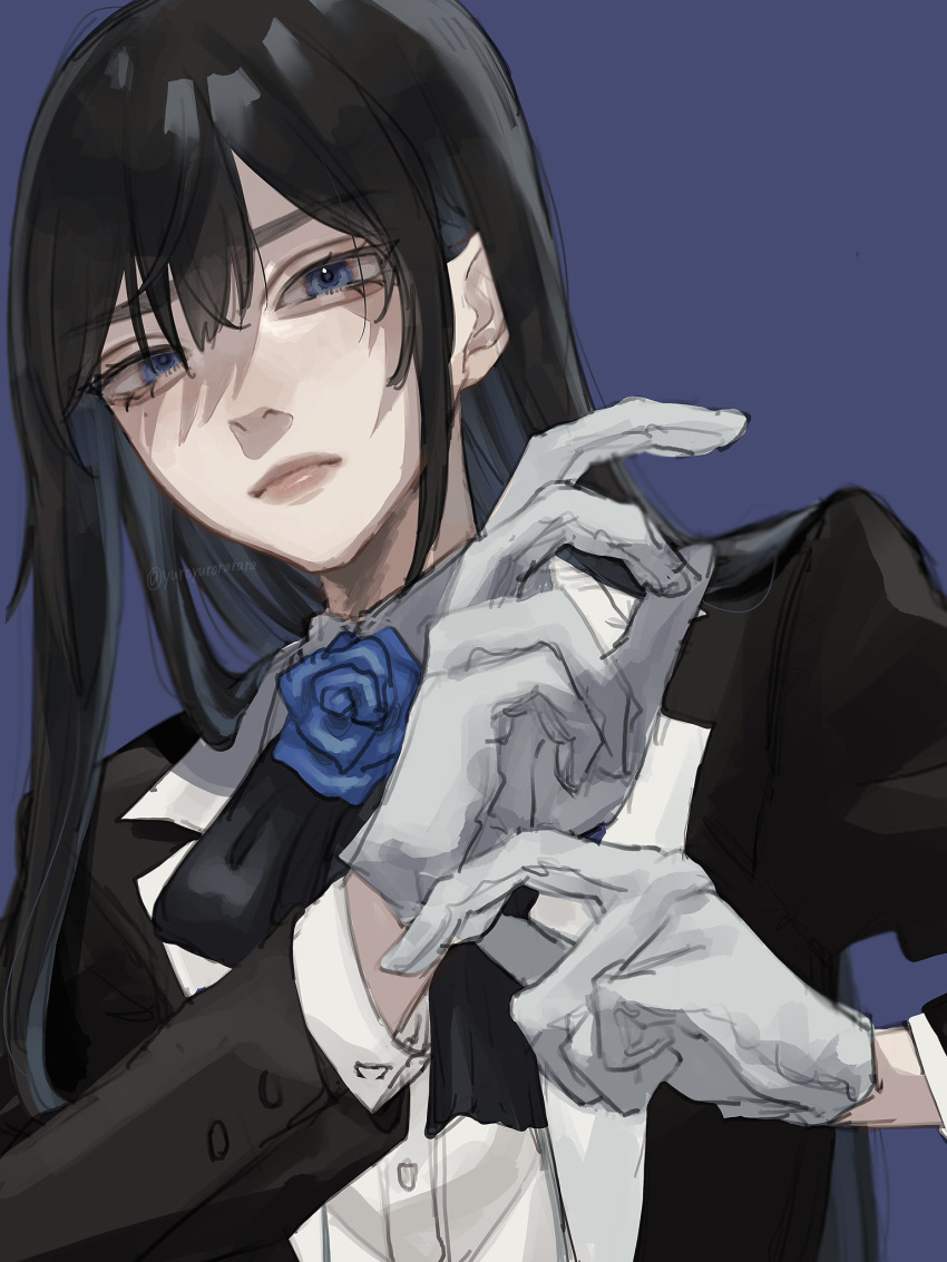 1girl, ado_(utaite), black_bow, black_bowtie, black_hair, black_jacket, blue_background, blue_eyes, blue_flower, blue_hair, blue_rose, bow, bowtie, chando_(ado), closed_mouth, cloud_nine_inc, collared_shirt, colored_inner_hair, commentary, dress_shirt, flower, flower_brooch, gloves, hair_between_eyes, highres, jacket, long_hair, long_sleeves, looking_at_viewer, mole, mole_under_eye, multicolored_hair, rose, shirt, sidelocks, simple_background, solo, twitter_username, two-tone_hair, utaite, white_gloves, white_shirt, yurosuke