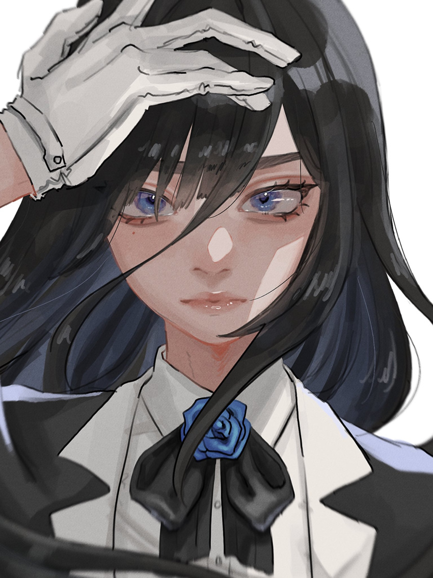 1girl, ado_(utaite), black_bow, black_bowtie, black_hair, black_jacket, blue_eyes, blue_flower