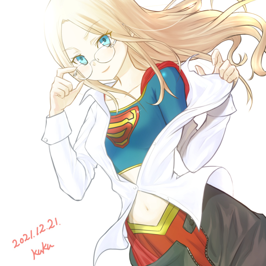1girl, blonde_hair, blue_eyes, breasts, cape, commentary, cropped_shirt, dated