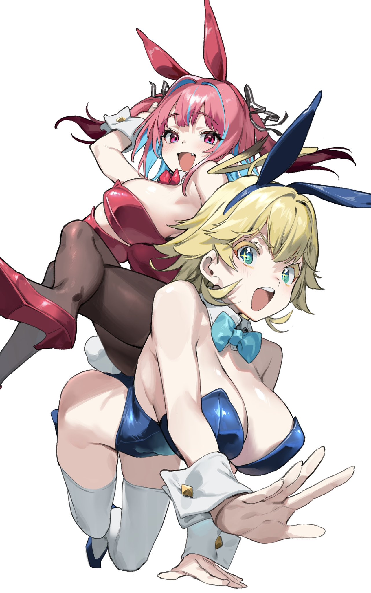 2girls, all_fours, angel_and_devil, animal_ears, aqua_bow, aqua_bowtie, blonde_hair, blue_hair, blue_hairband, blue_leotard, bow, bowtie, breasts, brown_pantyhose, crossed_legs, detached_collar, fake_animal_ears, fake_tail, fang, green_eyes, hair_ribbon, hairband, halo_ahoge, high_heels, highleg, highleg_leotard, highres, human_chair, human_furniture, jeanne_(kanan-sama), kanan-sama_wa_akumade_choroi, kanan_(kanan-sama), large_breasts, leotard, light_blue_hair, looking_at_viewer, multiple_girls, nonco, official_art, open_mouth, pantyhose, pink_eyes, pink_hair, playboy_bunny, rabbit_ears, rabbit_tail, red_bow, ribbon, sitting, sitting_on_person, smile, sparkling_eyes, strapless, strapless_leotard, tail, thigh-highs, twintails, white_thighhighs, white_wrist_cuffs, wrist_cuffs
