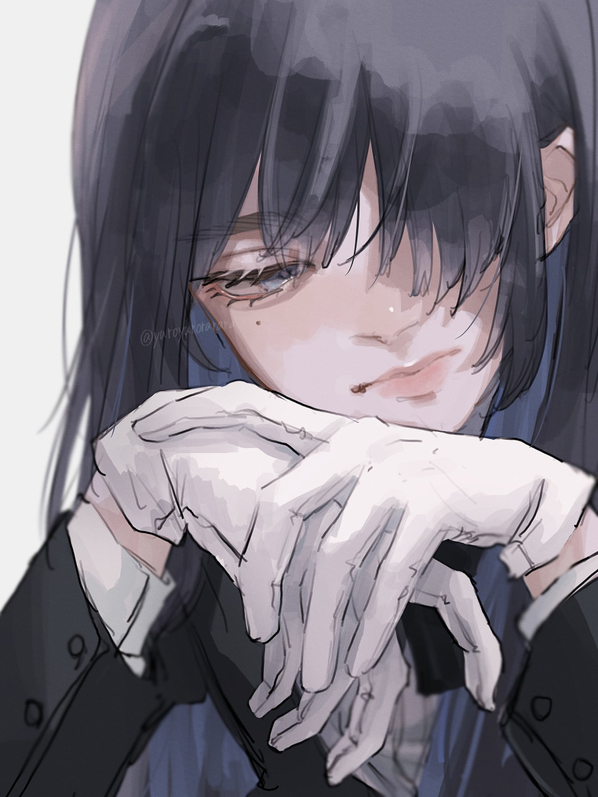 1girl, ado_(utaite), black_bow, black_bowtie, black_hair, black_jacket, blue_hair, bow