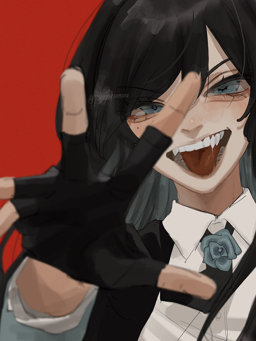 1girl, ado_(utaite), black_gloves, black_hair, black_necktie, blue_eyes, blue_flower, blue_hair
