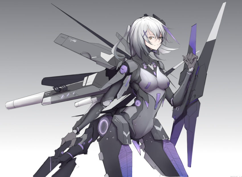 1girl, alternate_breast_size, breasts, brown_eyes, cdlo, closed_mouth, cyborg, grey_hair