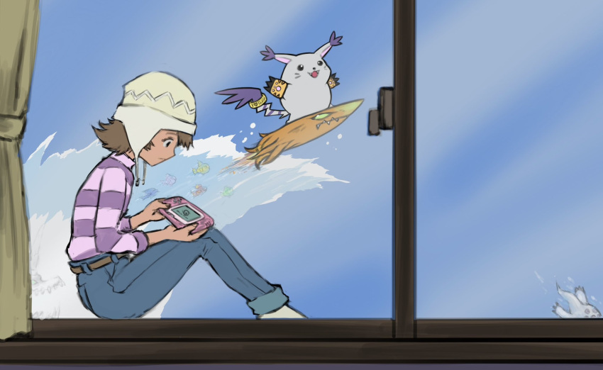 1girl, :d, belt, curtains, digimon, digimon_(creature), digimon_adventure, digimon_adventure:_bokura_no_war_game