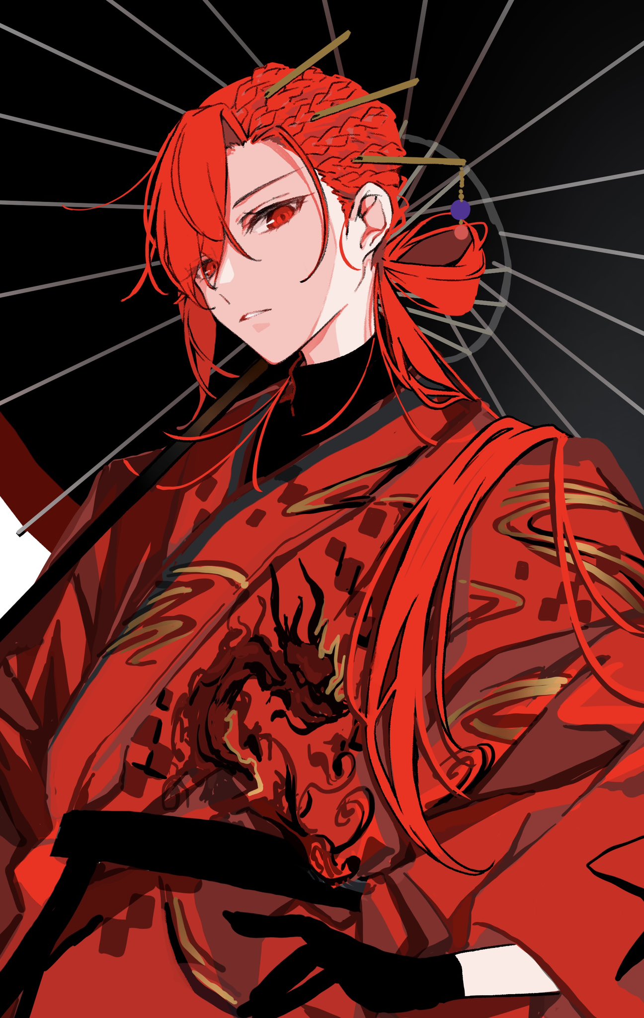 alternate_costume, alternate_hairstyle, androgynous, black_gloves, dragon_print, fate/grand_order, fate_(series), gloves, hair_ornament, hair_over_one_eye, hair_stick, highres, holding, holding_umbrella, japanese_clothes, kimono, oda_nobunaga_(fate), oda_nobunaga_(maou_avenger)_(fate), oil-paper_umbrella, print_kimono, red_eyes, red_kimono, redhead, solo, turtleneck, umbrella, yui_(tamagohan)