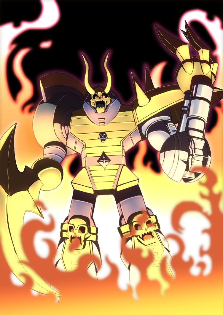 claws, digimon, digimon_(creature), fire, gokumon, horns, looking_at_viewer, mekadouraku, open_mouth, red_eyes, scythe, skeleton, skull, solo, yellow_eyes