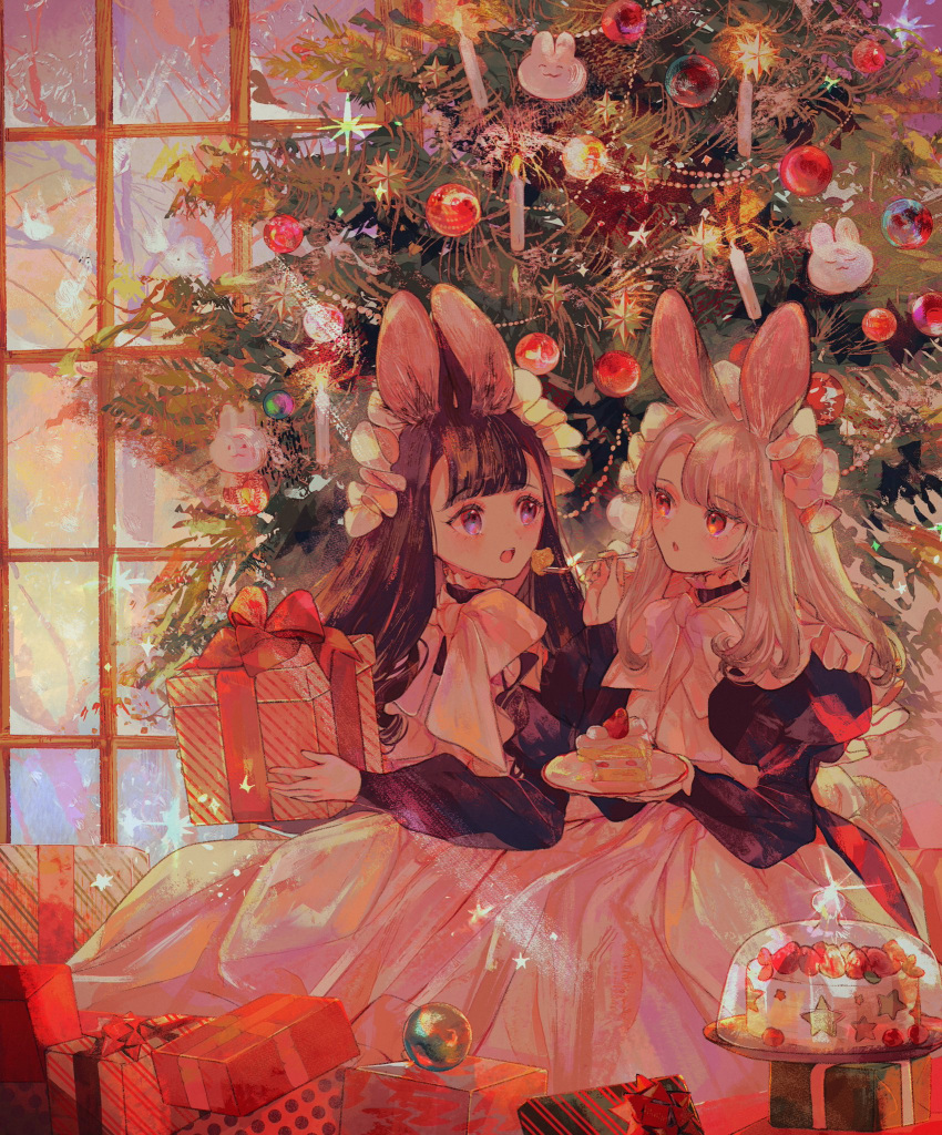 2girls, animal_ears, black_hair, black_sleeves, blonde_hair, blue_eyes, box, christmas_tree