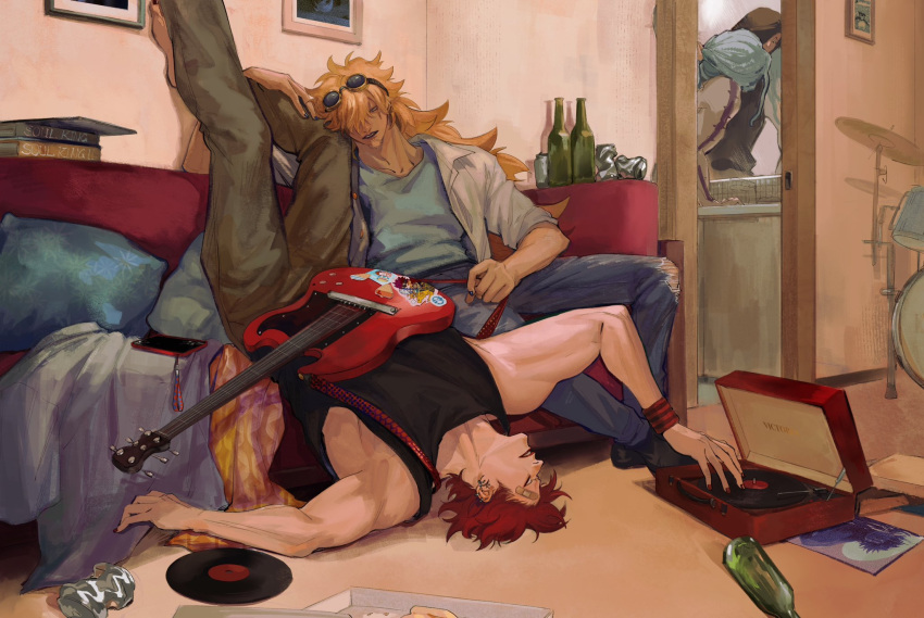 4boys, bandaid, bandaid_on_face, beer_can, black_shirt, blue_shirt, bottle, can, cellphone, couch, cushion, denim, denisefanta, drum, drum_set, earrings, english_commentary, english_text, eustass_kid, facial_hair, goatee, goggles, goggles_on_head, guitar, hand_on_another's_leg, heat_(one_piece), highres, indoors, instrument, jeans, jewelry, killer_(one_piece), long_hair, lying, makeup, male_focus, multiple_boys, on_back, one_piece, pants, parted_lips, phone, phonograph, red_nails, redhead, shirt, short_hair, sitting, sleeveless, sleeveless_shirt, smartphone, upside-down, white_shirt, wire_(one_piece)
