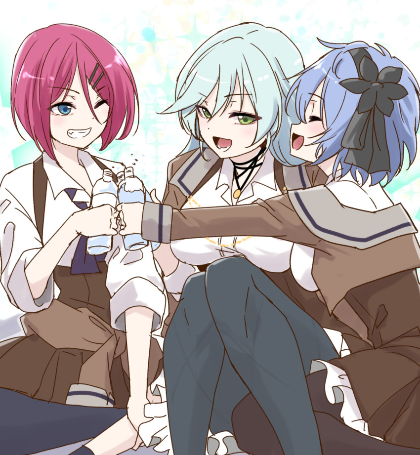 3girls, :d, aqua_hair, assault_lily, asymmetrical_legwear, black_choker, black_flower, black_hairband