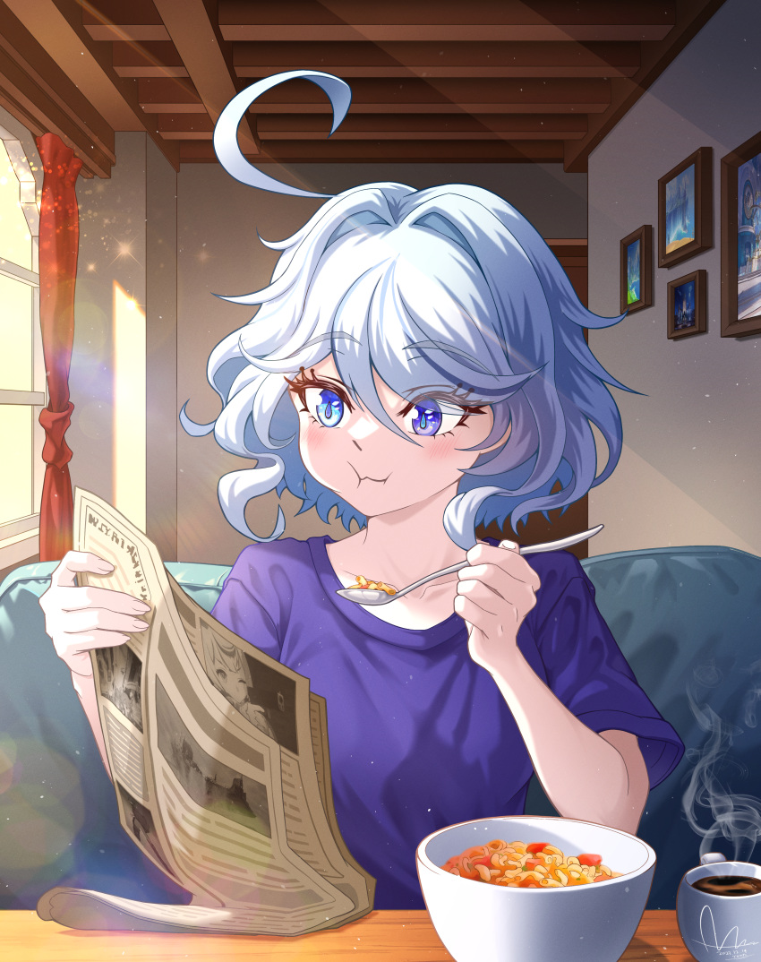 1girl, absurdres, ahoge, blue_eyes, blue_hair, bowl, breakfast, coffee, curtains, dasoin, drop-shaped_pupils, eating, english_commentary, furina_(genshin_impact), genshin_impact, hair_between_eyes, heterochromia, highres, holding, holding_newspaper, holding_spoon, indoors, light_blue_hair, mixed-language_commentary, multicolored_hair, newspaper, picture_frame, purple_shirt, shirt, short_sleeves, sidelighting, signature, sitting, solo, spoon, white_hair, window