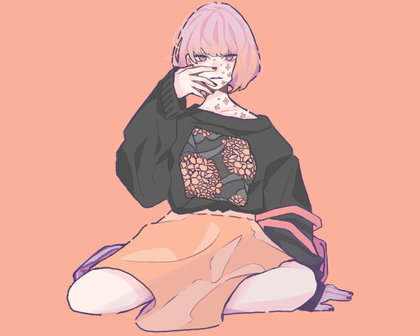 1girl, ado_(utaite), arm_support, black_nails, black_sweater, cloud_nine_inc, collarbone, full_body