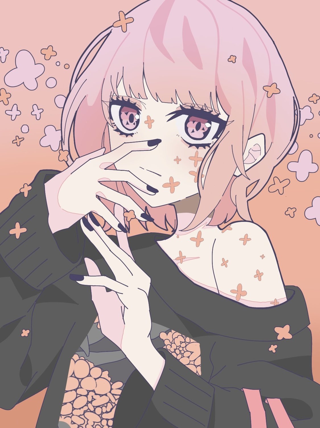 1girl, ado_(utaite), black_nails, black_sweater, closed_mouth, cloud_nine_inc, gradient_background, hayakawasakushiido