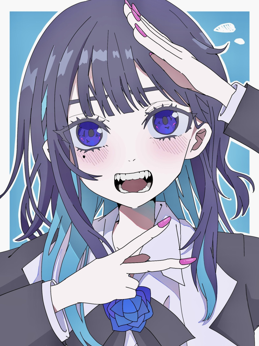 1girl, ado_(utaite), black_bow, black_bowtie, black_hair, black_jacket, blue_eyes, blue_flower, blue_hair, blue_rose, blush, bow, bowtie, chando_(ado), cloud_nine_inc, collared_shirt, colored_inner_hair, commentary_request, flower, flower_brooch, hayakawasakushiido, highres, jacket, long_hair, long_sleeves, looking_at_viewer, mole, mole_under_eye, multicolored_hair, nail_polish, open_mouth, pink_nails, rose, salute, shirt, solo, teeth, two-tone_hair, upper_body, utaite, v, white_shirt
