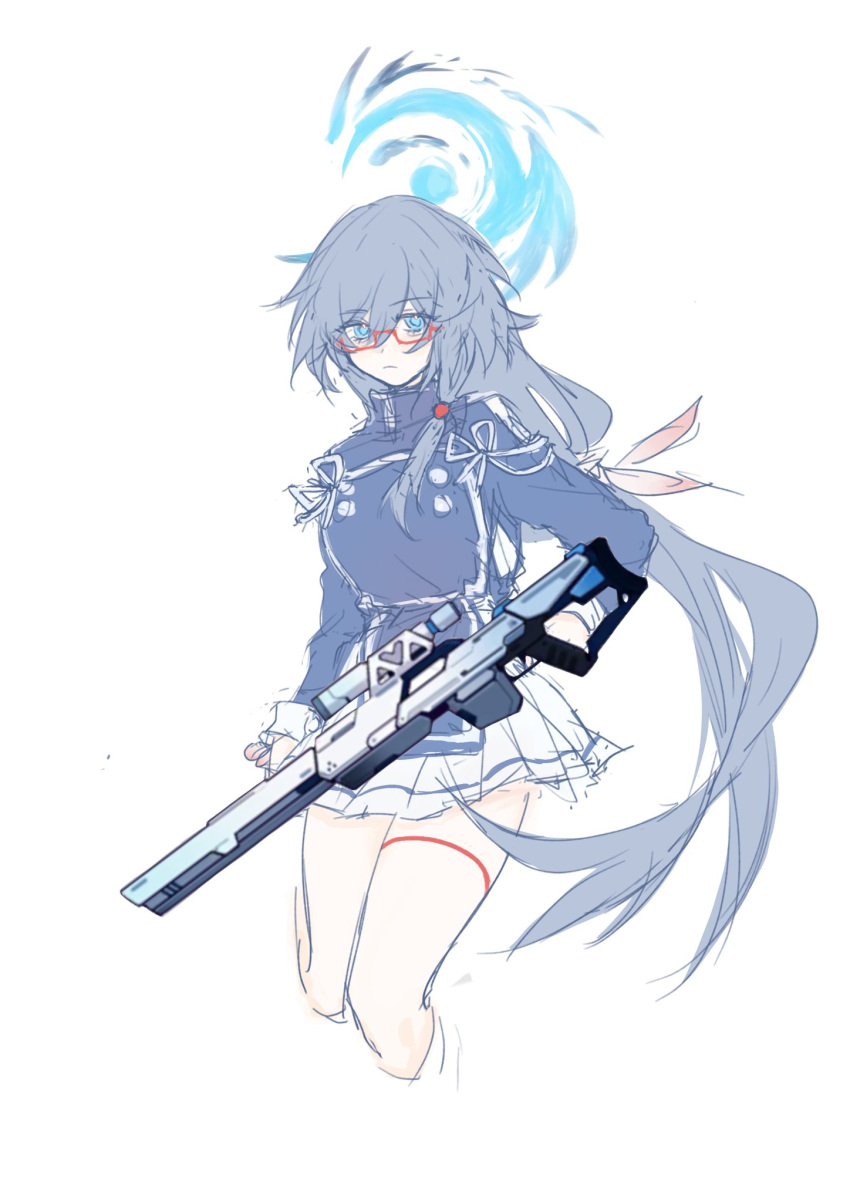 1girl, adapted_costume, an_dong, black_hair, blue_archive, blue_eyes, blue_jacket, closed_mouth, cropped_legs, fu_hua, fu_hua_(valkyrie_accipiter), glasses, gun, halo, highres, holding, holding_gun, holding_weapon, honkai_(series), honkai_impact_3rd, jacket, long_hair, long_sleeves, looking_at_viewer, pleated_skirt, rifle, semi-rimless_eyewear, simple_background, skirt, sniper_rifle, solo, under-rim_eyewear, very_long_hair, weapon, white_background, white_skirt