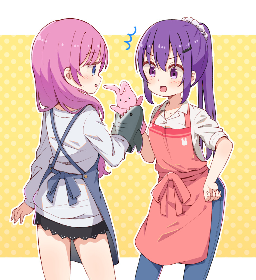 2girls, apron, black_skirt, blue_apron, blue_eyes, blush, breasts, buttons