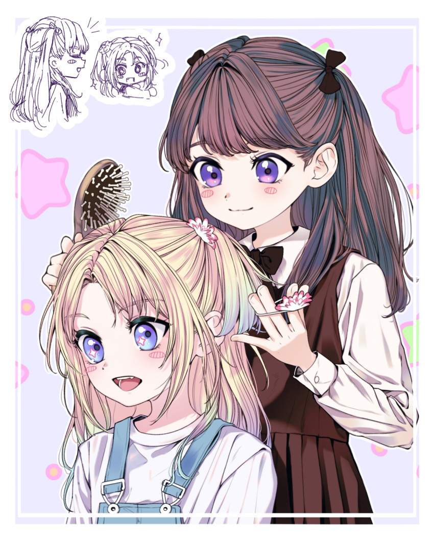 2girls, 596_(_gokuraku_joudo), blonde_hair, blue_eyes, brown_hair, brushing_hair, fujishima_megumi, gradient_hair, highres, light_smile, link!_like!_love_live!, love_live!, multicolored_hair, multiple_girls, open_mouth, osawa_rurino, sparkling_eyes, tagme, twintails, violet_eyes