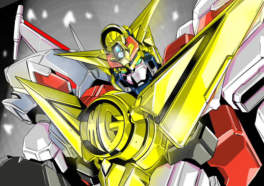 absurdres, commentary_request, great_might_gaine, green_eyes, highres, looking_at_viewer, mecha, mechanical_wings