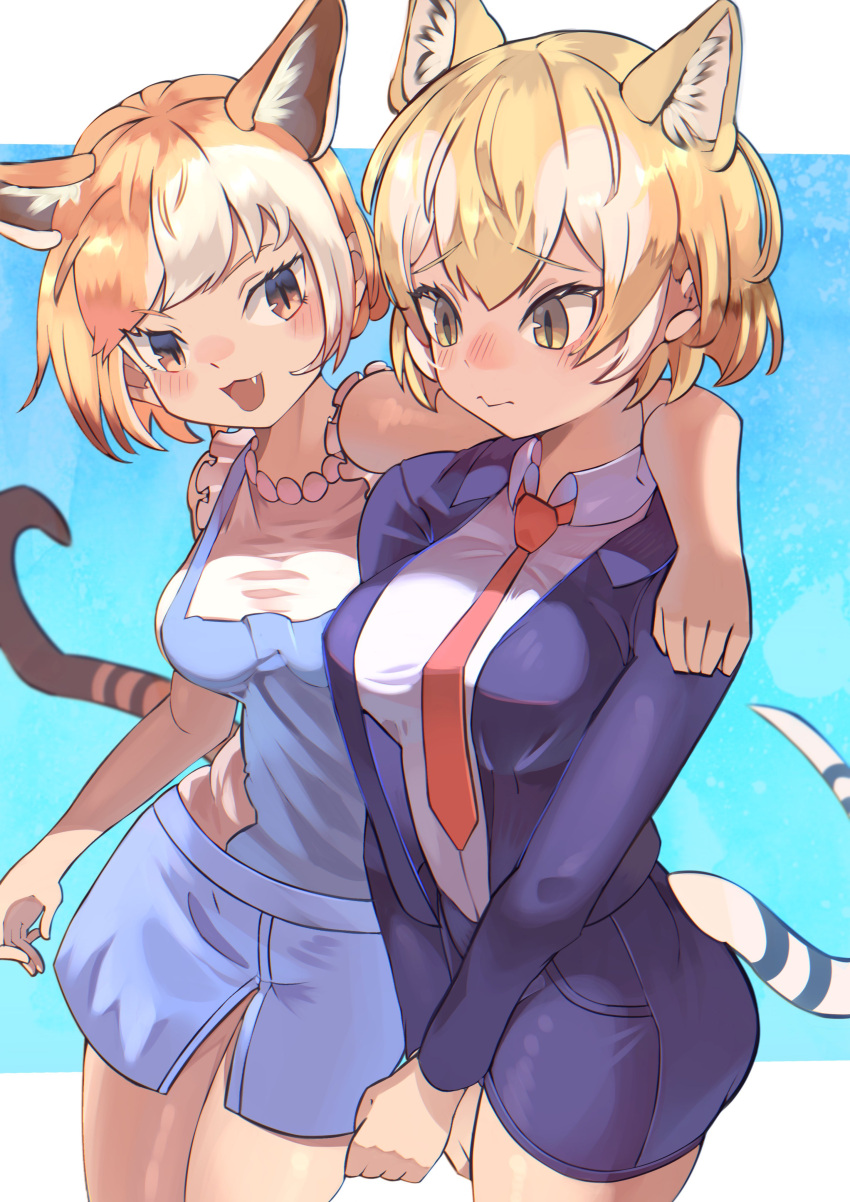 2girls, :3, absurdres, animal_ears, arm_around_shoulder, bare_shoulders, blonde_hair, blue_jacket