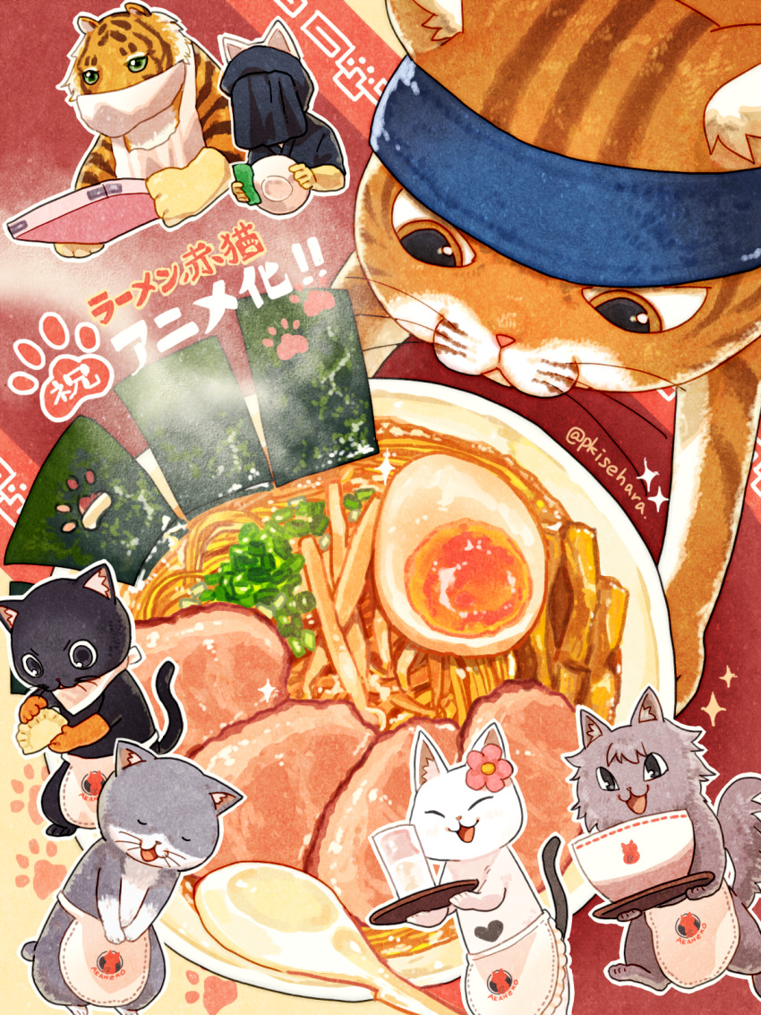 :d, apron, artist_name, black_cat, blue_headband, brown_eyes, cat, cleaning, dumpling, egg_(food), elbow_gloves, food, gloves, headband, highres, jiaozi, mask, noodles, pjkuasu, ramen, red_cat_ramen, seaweed, smile, sponge, tiger, tray, veil, white_cat