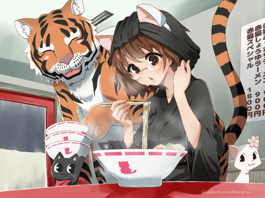 1girl, animal_ears, artist_name, bandana, black_headwear, black_kimono, bowl, brown_hair, cat, chopsticks, closed_eyes, commission, eating, fake_animal_ears, flower, food, glasses, indoors, japanese_clothes, kimono, noodles, ramen, red_bandana, red_cat_ramen, restaurant, skeb_commission, steam, sweat, tiger, veil_lift, yokoshima_takemaru