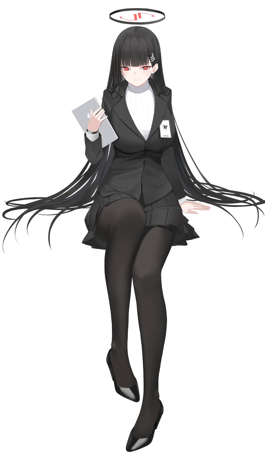 1girl, absurdres, black_footwear, black_hair, black_halo, black_pantyhose, black_skirt, black_vest
