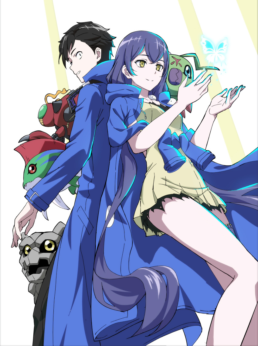 1boy, 1girl, amazawa_keisuke, betamon, black_hair, blue_eyes, blue_hair, blue_jacket